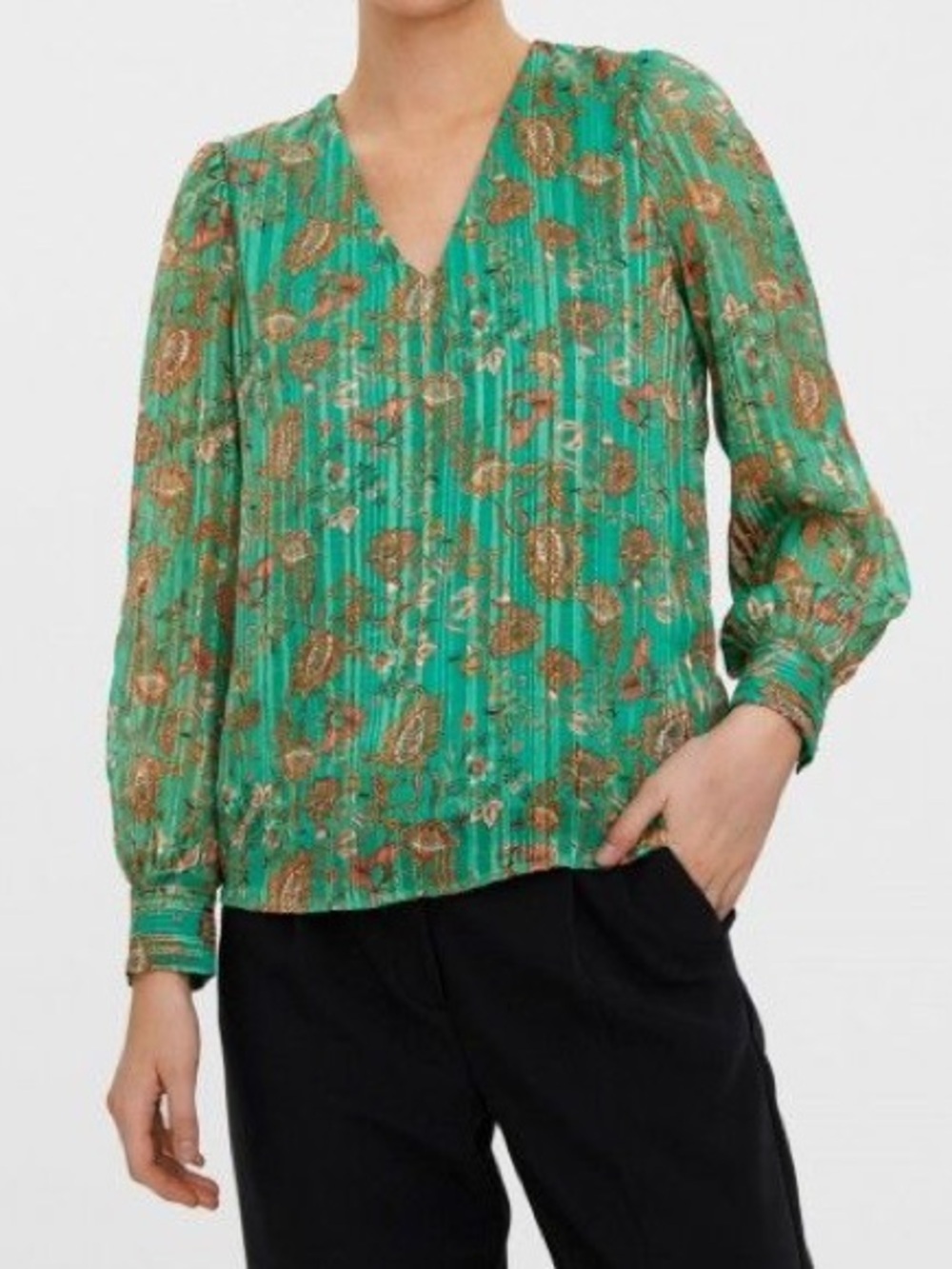 Vero Moda Emerald Green Gold Floral Crinkle Drapey-Front Blouse Size Large
